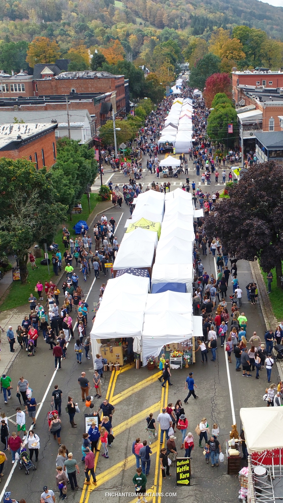 Aerial view looking West from the East side of Ellicottville during Ellicottville's Fall Festival (2018)