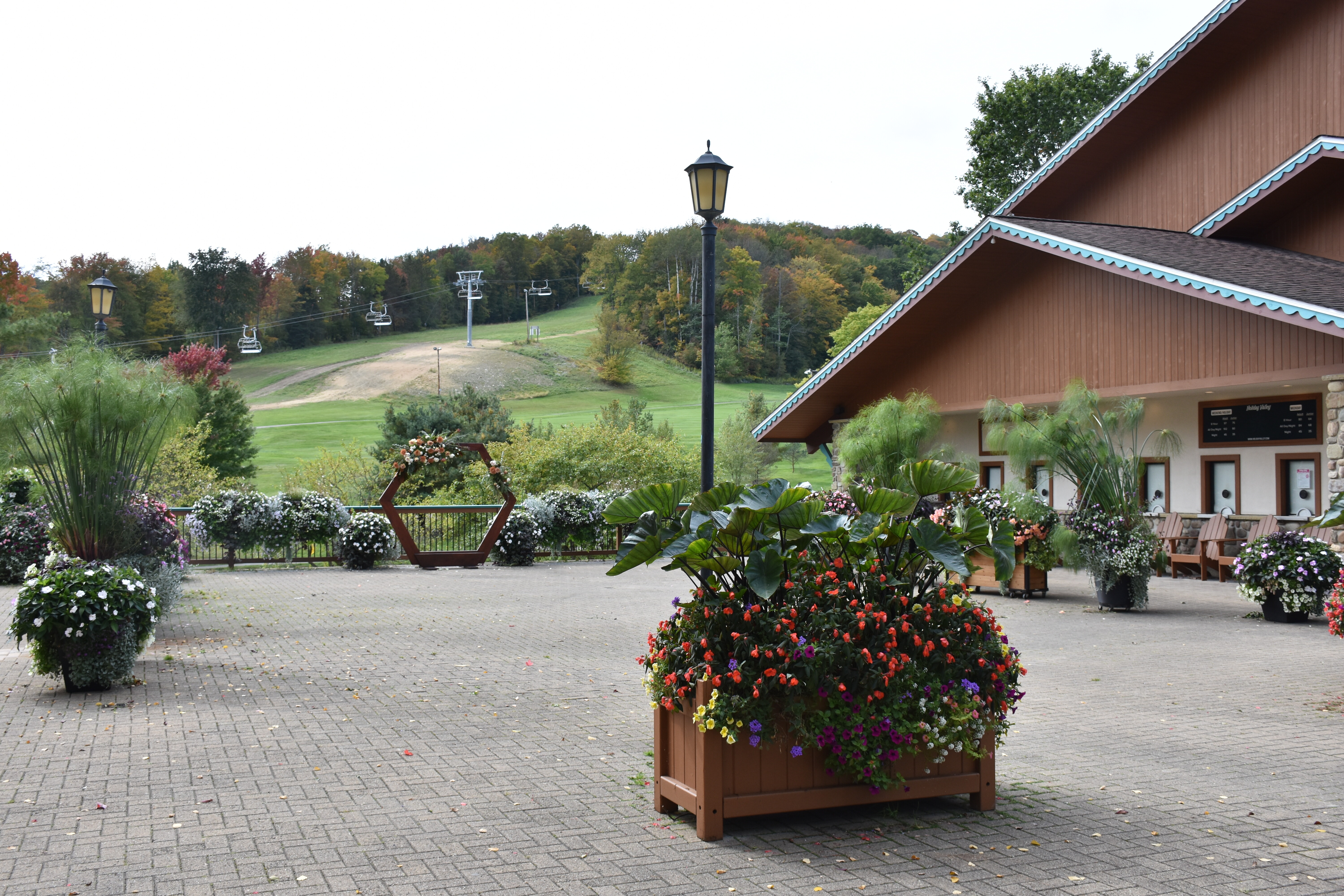 View of the Summer slopes from next to the Lodge at Holiday Valley Resort