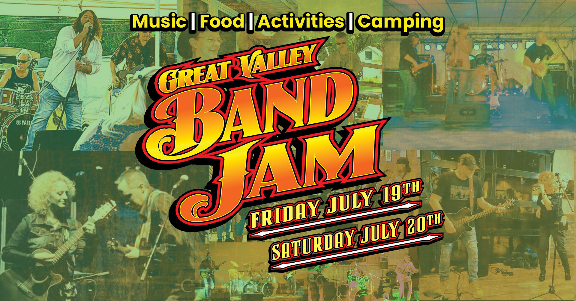 Collage of bands in the background with the text "Great Valley Band Jam {July 19-20}" in the foreground (2024)