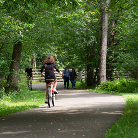 Walkers and bicycler on the Allegheny River Valley Trail